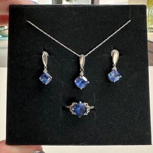 Silver Ring, Earrings, and Necklace Set with Blue Gemstones